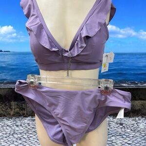 Time&True,Woman,Swimsuits 2 pieces,Purple,Sz L,Adjustable Straps,V-Ruffle Neck.!